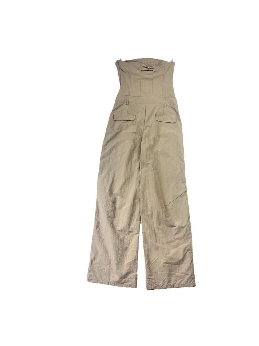 Zara Strapless Jumpsuit Off The Shoulder Wide Leg Khaki Size S Blogger Fav New - Picture 3 of 16